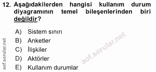 12. soru: Aşağıdakilerden hangisi kullanım durum diyagramının temel bileşenlerinden biri değildir? A) Sistem sınırı B) Anketler…