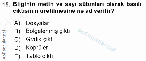15. soru: Bilginin metin ve sayı sütunları olarak basılı çıktısının üretilmesine ne ad verilir? Dosyalar B) Bölgelenmiş çıktı G…
