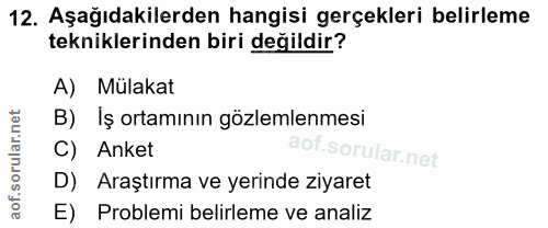 12. soru: Aşağıdakilerden hangisi gerçekleri belirleme tekniklerinden biri değildir? A) Mülakat B) İş ortamının gözlemlenmesi C…