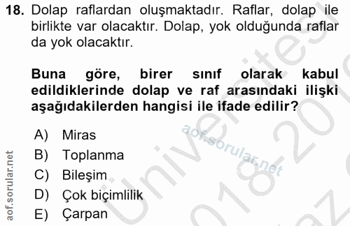 18. soru: Dolap raflardan oluşmaktadır. Raflar, dolap ile birlikte var olacaktır. Dolap, yok olduğunda raflar da yok olacaktır.…
