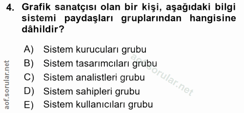 4. soru: Grafik sanatçısı olan bir kişi, aşağıdaki bilgi sistemi paydaşları gruplarından hangisine dâhildir? A) Sistem kurucul…