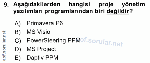 9. soru: Aşağıdakilerden hangisi proje yönetim yazılımları programlarından biri değildir? A) Primavera P6 B) MS Visio C) Power…