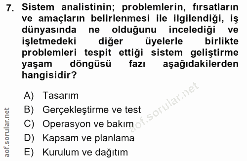 7. soru: Sistem analistinin; problemlerin, fırsatların ve amaçların belirlenmesi ile ilgilendiği, iş dünyasında ne olduğunu in…