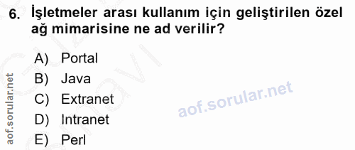 6. soru: İşletmeler arası kullanım için geliştirilen özel ağ mimarisine ne ad verilir? A) Portal B) Java C) Extranet D) Intran…