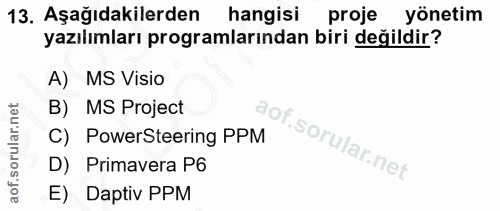13. soru: Aşağıdakilerden hangisi proje yönetim yazılımları programlarından biri değildir? A) MS Visio B) MS Project C) PowerSt…