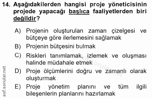 14. soru: Aşağıdakilerden hangisi proje yöneticisinin projede yapacağı başlıca faaliyetlerden biri değildir? A) Projenin oluştu…
