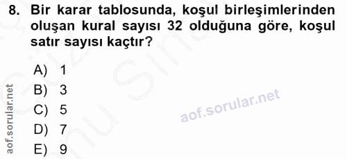 8. soru: Bir karar tablosunda, koşul birleşimlerinden oluşan kural sayısı 32 olduğuna göre, koşul satır sayısı kaçtır? A) 1 B)…