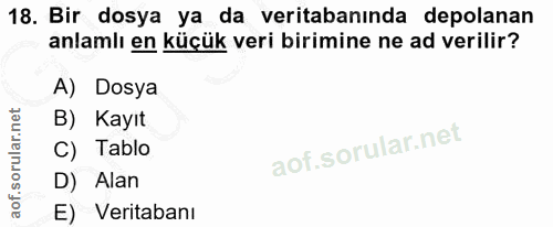 18. soru: Bir dosya ya da veritabanında depolanan anlamlı en küçük veri birimine ne ad verilir? A) Dosya B) Kayıt C) Tablo D) A…