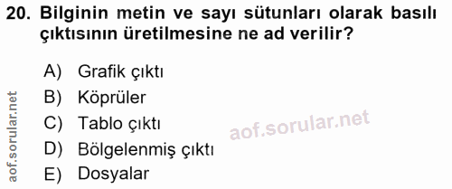 20. soru: Bilginin metin ve sayı sütunları olarak basılı çıktısının üretilmesine ne ad verilir? A) Grafik çıktı B) Köprüler C)…