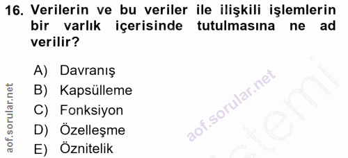 16. soru: Verilerin ve bu veriler ile ilişkili işlemlerin bir varlık içerisinde tutulmasına ne ad verilir? A) Davranış B) Kapsü…