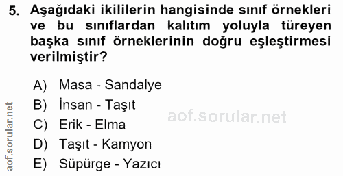 5. soru: Aşağıdaki ikililerin hangisinde sınıf örnekleri ve bu sınıflardan kalıtım yoluyla türeyen başka sınıf örneklerinin do…