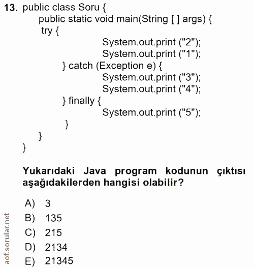13. soru: public class Soru { public static void main(String [ ] args) { try{ System.out.print ("2"); System.out.print ("1"); }…