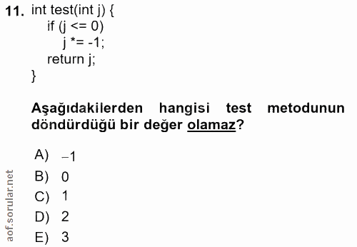 11. soru: int test (int j) { if (j <= 0) j*= -1; return j; Aşağıdakilerden hangisi test metodunun döndürdüğü bir değer olamaz?…