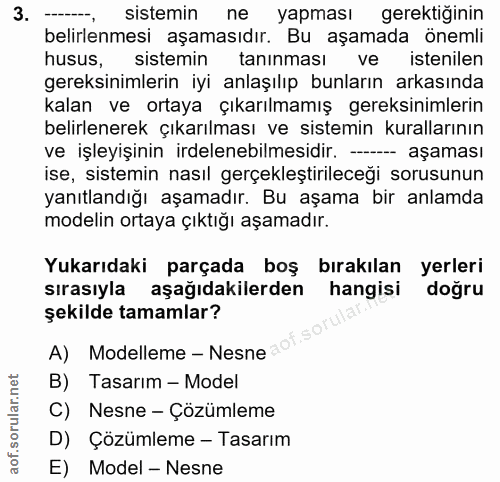 3. soru: sistemin ne yapması gerektiğinin belirlenmesi aşamasıdır. Bu aşamada önemli husus, sistemin taninması ve istenilen ge…