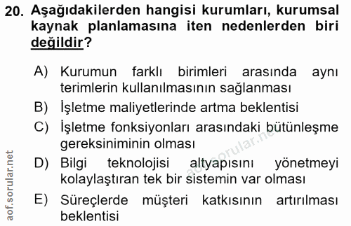 20. soru: Aşağıdakilerden hangisi kurumları, kurumsal kaynak planlamasına iten nedenlerden biri değildir? A) Kurumun farklı bir…