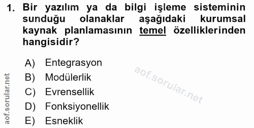 1. soru: Bir yazılım ya da bilgi işleme sisteminin sunduğu olanaklar aşağıdaki kurumsal kaynak planlamasının temel özellikleri…
