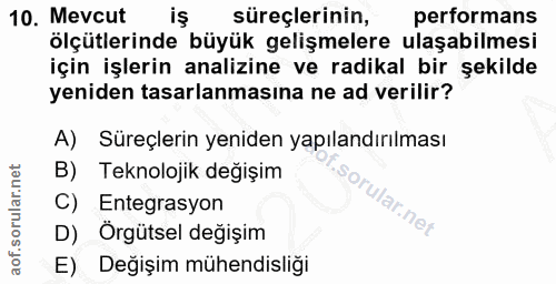 10. soru: Mevcut süreçlerinin, performans ölçütlerinde büyük gelişmelere ulaşabilmesi için işlerin analizine ve radikal bir şek…