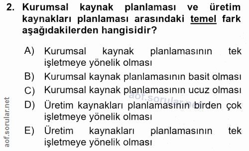 2. soru: Kurumsal kaynak planlaması ve üretim kaynakları planlaması arasındaki temel fark aşağıdakilerden hangisidir? A) Kurum…