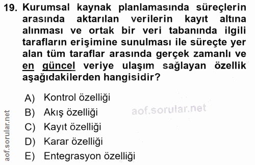 19. soru: Kurumsal kaynak planlamasında süreçlerin arasında aktarılan verilerin kayıt altına alınması ve ortak bir veri tabanın…