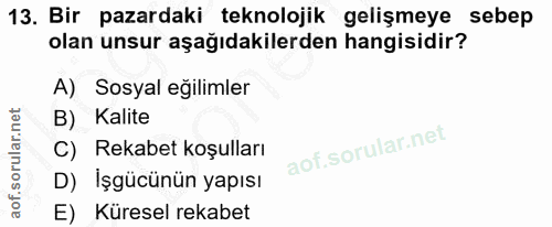 13. soru: Bir pazardaki teknolojik gelişmeye sebep olan unsur aşağıdakilerden hangisidir? A) Sosyal eğilimler B) Kalite C) Reka…