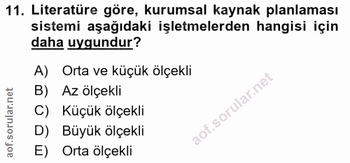 11. soru: Literatüre göre, kurumsal kaynak planlaması sistemi aşağıdaki işletmelerden hangisi için daha uygundur? A) Orta ve kü…