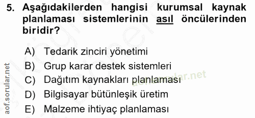 5. soru: Aşağıdakilerden hangisi kurumsal kaynak planlaması sistemlerinin asıl öncülerinden biridir? A) Tedarik zinciri yöneti…