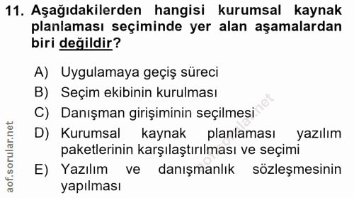 11. soru: Aşağıdakilerden hangisi kurumsal kaynak planlaması seçiminde yer alan aşamalardan biri değildir? A) Uygulamaya geçiş…
