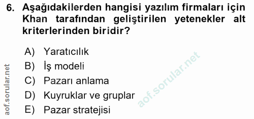 6. soru: Aşağıdakilerden hangisi yazılım firmaları için Khan tarafından geliştirilen yetenekler alt kriterlerinden biridir? A)…
