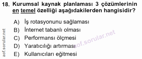 18. soru: Kurumsal kaynak planlaması 3 çözümlerinin en temel özelliği aşağıdakilerden hangisidir? A) Iş rotasyonunu sağlaması B…