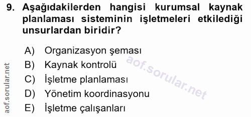 9. soru: Aşağıdakilerden hangisi kurumsal kaynak planlaması sisteminin işletmeleri etkilediği unsurlardan biridir? A) Organiza…
