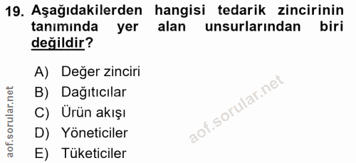 19. soru: Aşağıdakilerden hangisi tedarik zincirinin tanımında unsurlarından biri yer alan değildir? A) Değer zinciri B) Dağıtı…