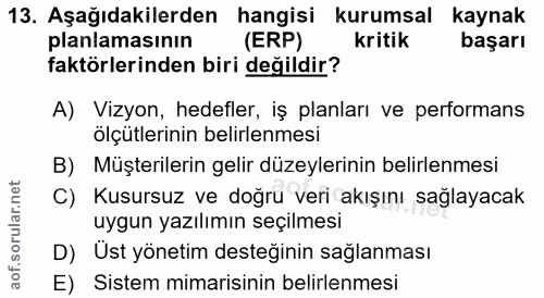 13. soru: Aşağıdakilerden hangisi kurumsal kaynak planlamasının (ERP) kritik başarı faktörlerinden biri değildir? A) Vizyon, he…