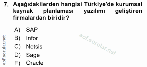 7. soru: Aşağıdakilerden hangisi Türkiye'de kurumsal kaynak planlaması yazılımı geliştiren firmalardan biridir? A) SAP B) Info…
