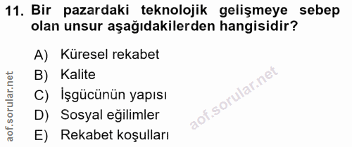 11. soru: Bir pazardaki teknolojik gelişmeye sebep olan unsur aşağıdakilerden hangisidir? A) Küresel rekabet B) Kalite C) Işgüc…