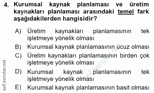 4. soru: Kurumsal kaynak planlaması ve üretim kaynakları planlaması arasındaki temel fark aşağıdakilerden hangisidir? A) Ureti…