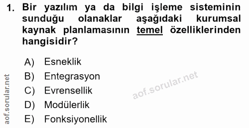 1. soru: Bir yazılım ya da bilgi işleme sisteminin sunduğu olanaklar aşağıdaki kurumsal kaynak planlamasının temel özellikleri…