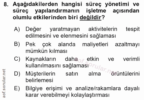8. soru: Aşağıdakilerden hangisi süreç yönetimi ve süreç yapılandırmanın işletme açısından olumlu etkilerinden biri değildir?…