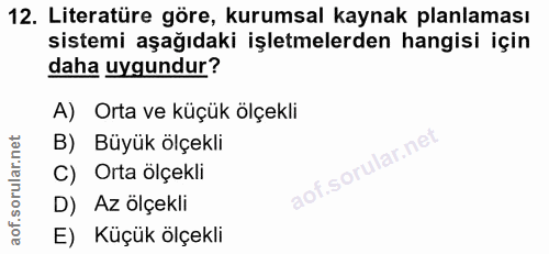 12. soru: Literatüre göre, kurumsal kaynak planlaması sistemi aşağıdaki işletmelerden hangisi için daha uygundur? A) Orta ve kü…