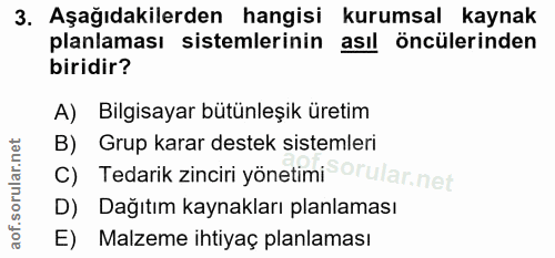 3. soru: Aşağıdakilerden hangisi kurumsal kaynak planlaması sistemlerinin asıl öncülerinden biridir? A) Bilgisayar bütünleşik…
