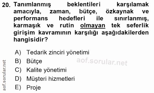 20. soru: Tanımlanmış beklentileri karşılamak amacıyla, zaman, bütçe, özkaynak ve performans hedefleri m ile sinırlanmış, karma…