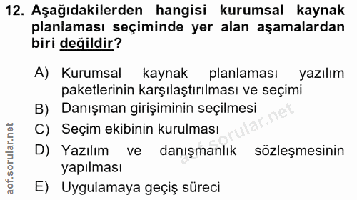 12. soru: Aşağıdakilerden hangisi kurumsal kaynak planlaması seçiminde yer alan aşamalardan biri değildir? A) Kurumsal kaynak p…