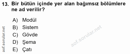 13. soru: Bir bütün içinde yer alan bağımsız bölümlere ne ad verilir? A) Modül rular.net B) Sistem C) Gövde aof.s D) Şema E) Çatı