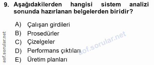 9. soru: Aşağıdakilerden hangisi sistem analizi sonunda hazırlanan belgelerden biridir? A) Çalışan girdileri B) Prosedürler C)…
