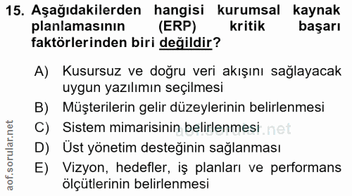 15. soru: Aşağıdakilerden hangisi kurumsal kaynak planlamasının (ERP) kritik başarı faktörlerinden biri değildir? A) Kusursuz v…