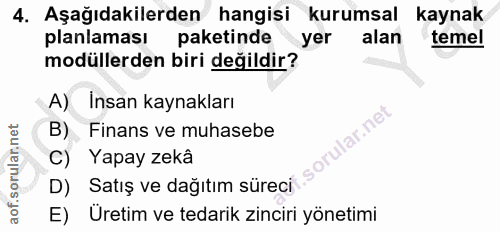 4. soru: Aşağıdakilerden hangisi kurumsal kaynak planlaması paketinde yer alan temel modüllerden biri değildir? A) Insan kayna…
