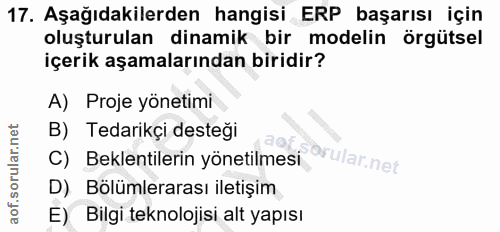 17. soru: Aşağıdakilerden hangisi ERP başarısı için oluşturulan dinamik bir modelin örgütsel içerik aşamalarından biridir? A) P…