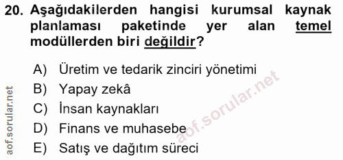 20. soru: Aşağıdakilerden hangisi kurumsal kaynak planlaması paketinde yer alan temel modüllerden biri değildir? A) Uretim ve t…