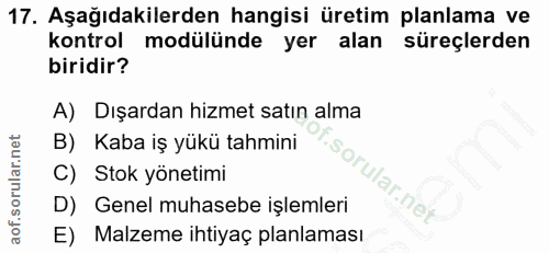 17. soru: Aşağıdakilerden hangisi üretim planlama ve kontrol modülünde yer alan süreçlerden biridir? A) Dışardan hizmet satın a…