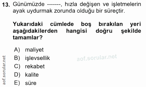 13. soru: Günümüzde --, hızla değişen ve işletmelerin ayak uydurmak zorunda olduğu bir süreçtir. Yukarıdaki cümlede boş bırakıl…