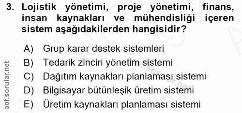 3. soru: Lojistik yönetimi, proje yönetimi, finans, insan kaynakları ve mühendisliği içeren sistem aşağıdakilerden hangisidir?…